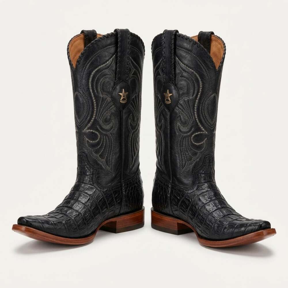 Los Altos Boots Caiman Tail Western Cowboy Boots Black Size 7 EE
